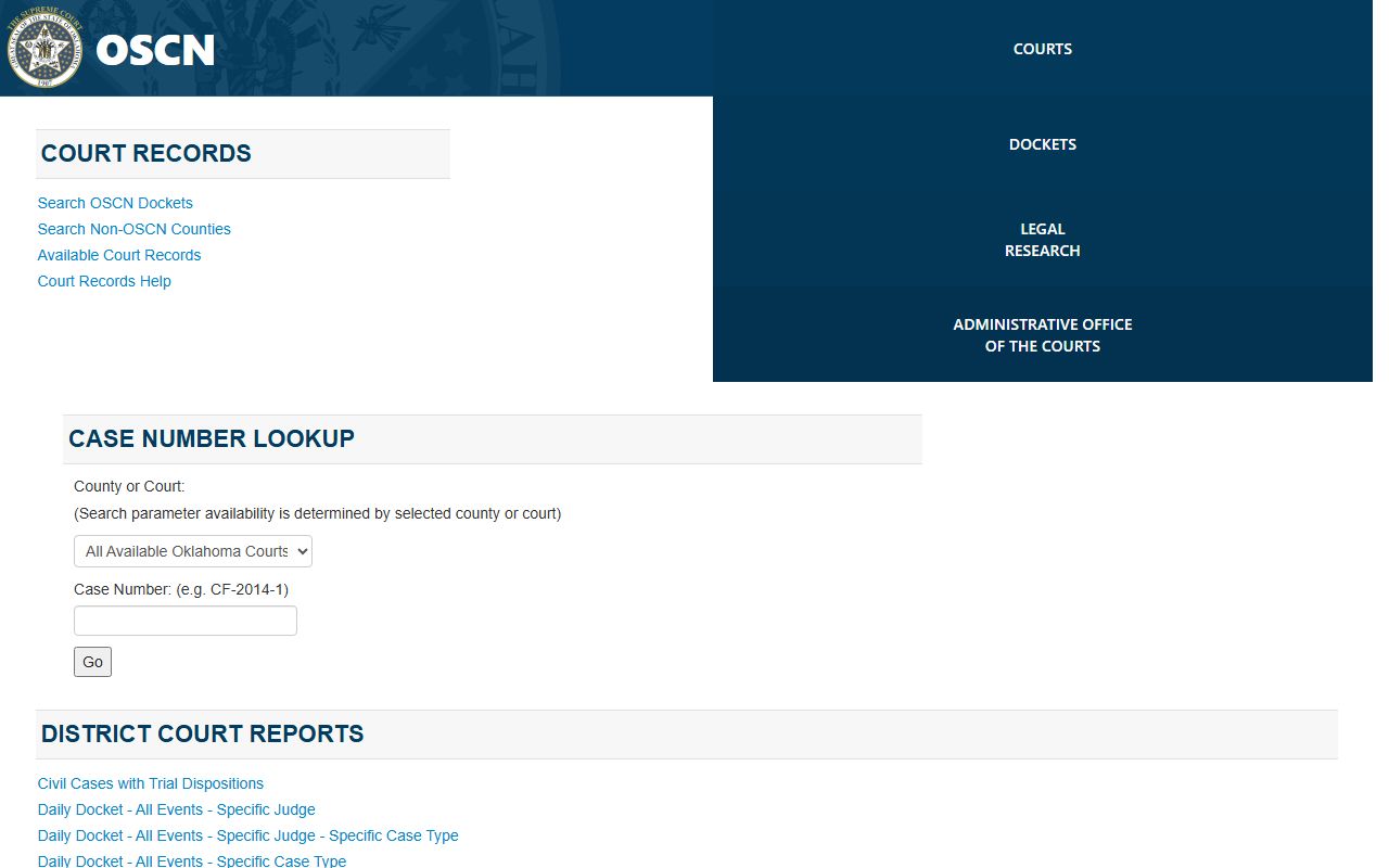 Grant County court records OSCN docket search landing page