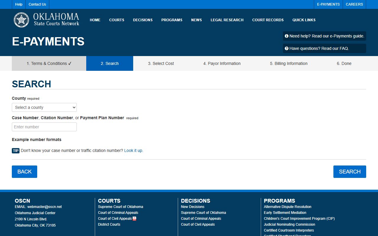 Grant County court dockets OSCN e-Payments search field