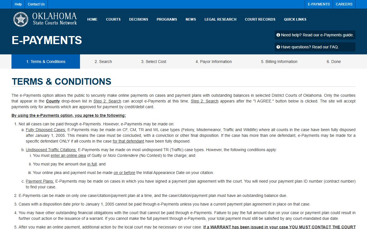 Grant County court dockets OSCN e-Payments terms page