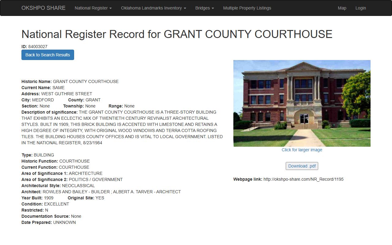 Grant County courthouse National Register record for court records